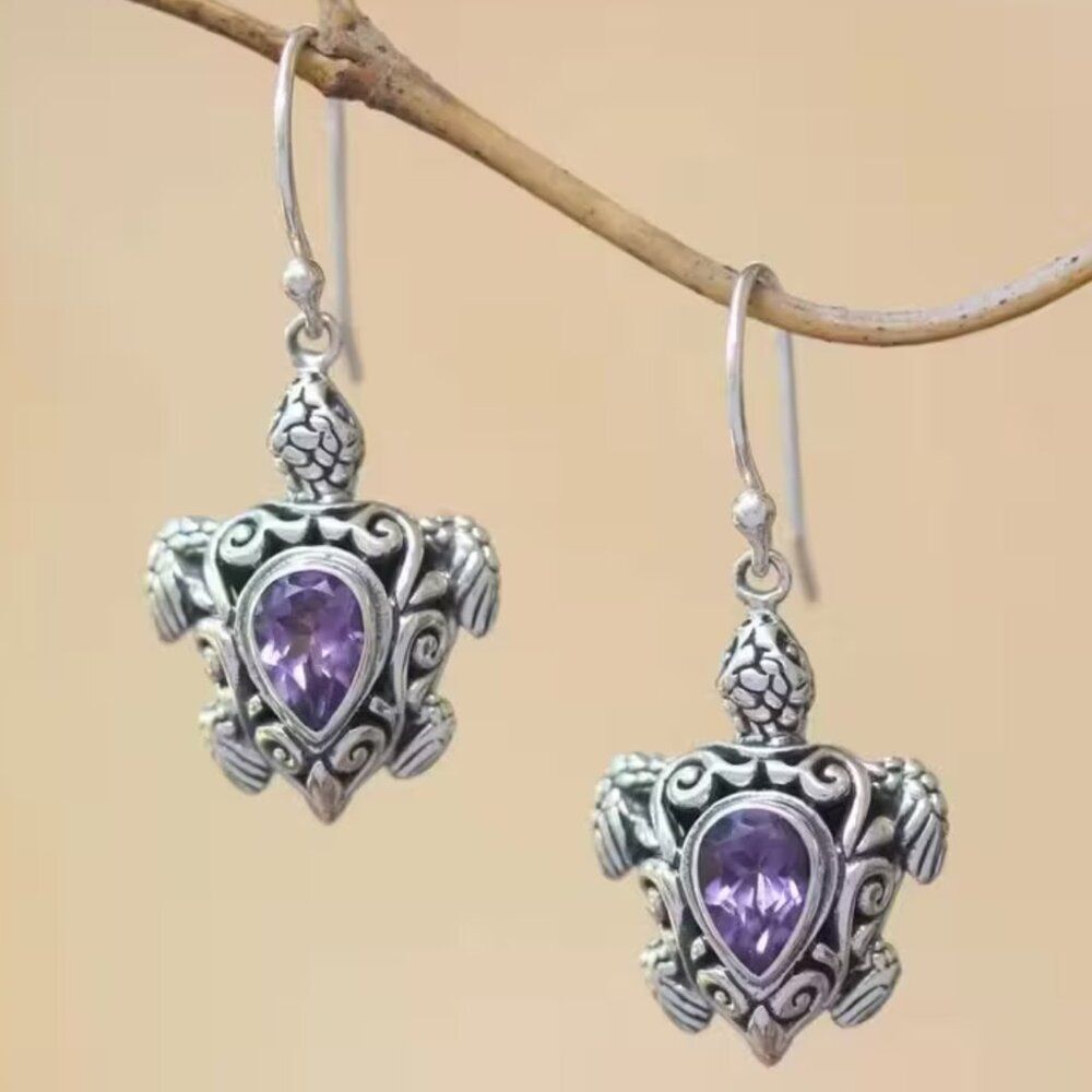 Turtle Pendant Earrings Vintage Inspired Purple Stone Longevity Wisdom Handmade